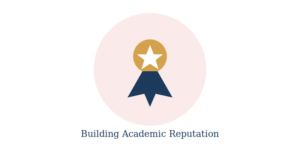 Medal and building illustration representing academic reputation built through publishing