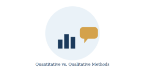 Bar chart beside a speech bubble representing quantitative versus qualitative research methods